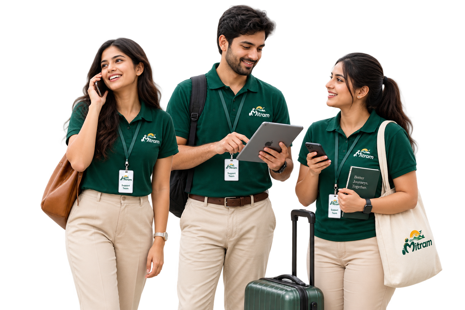 Three MITRAM support team members: on a call, on a tablet, and with a Mitram tote bag