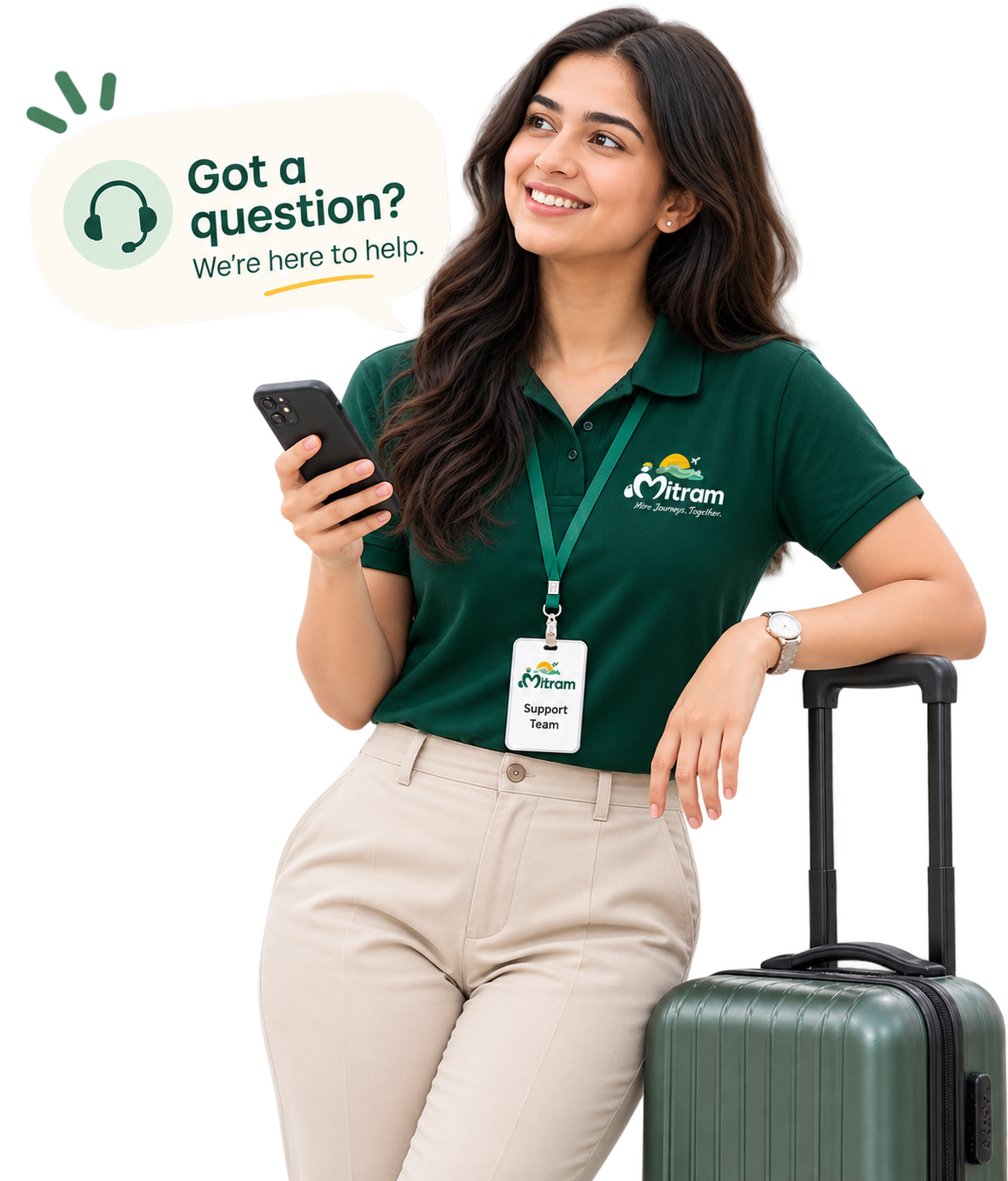 A Mitram support team member with her phone, a speech bubble reading Got a question? We're here to help