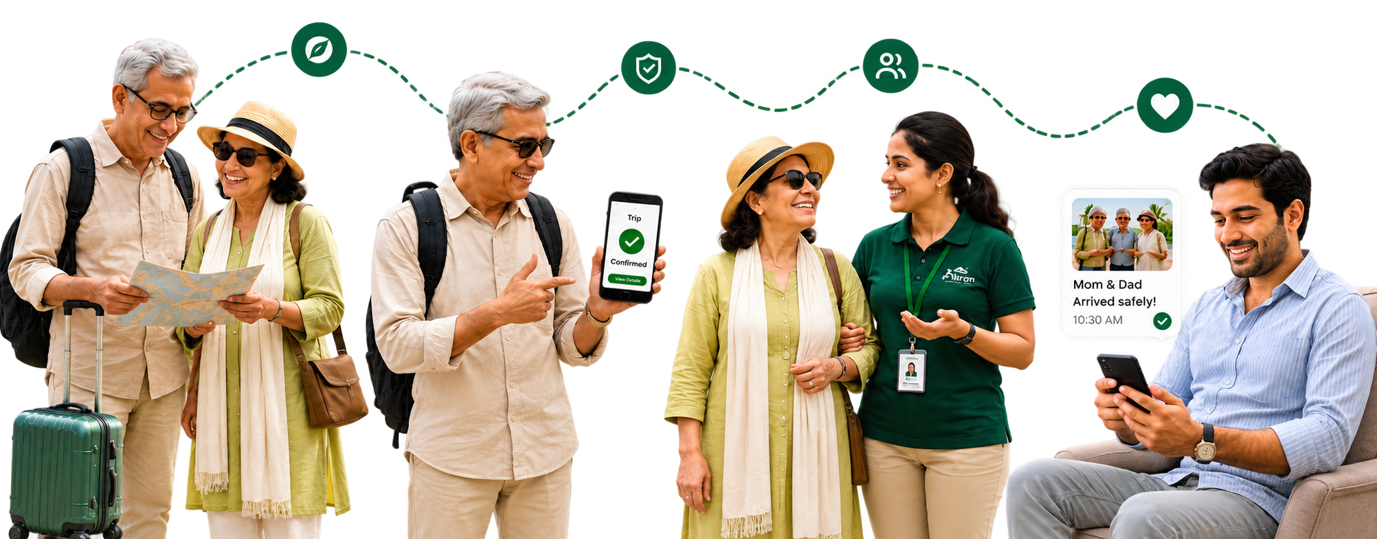 Seniors travelling with MITRAM: choosing a trip, booking confirmed, walking with a coordinator, and family notified their parents arrived safely