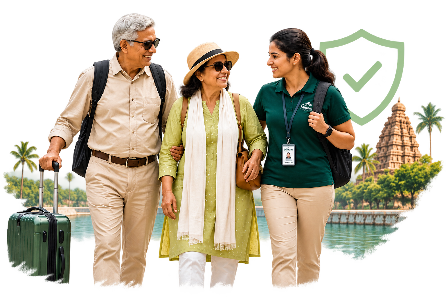 A senior couple walking with their MITRAM coordinator past a temple, a safety shield watermark behind them
