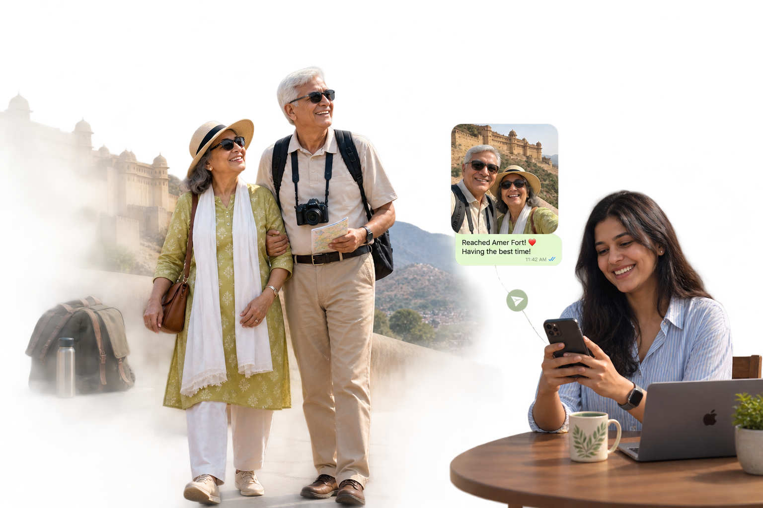 A senior couple exploring Amer Fort while their daughter follows along on her phone at home