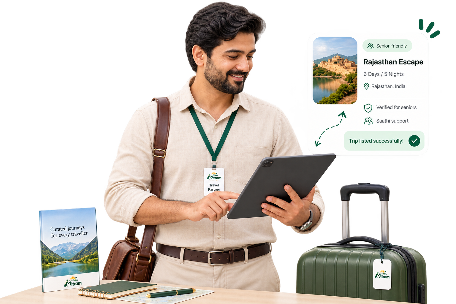 A Mitram travel partner holding a tablet and a curated-journeys brochure